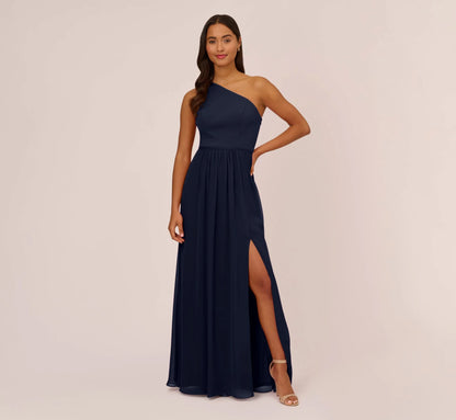 One Shoulder Chiffon Long Gown In Midnight