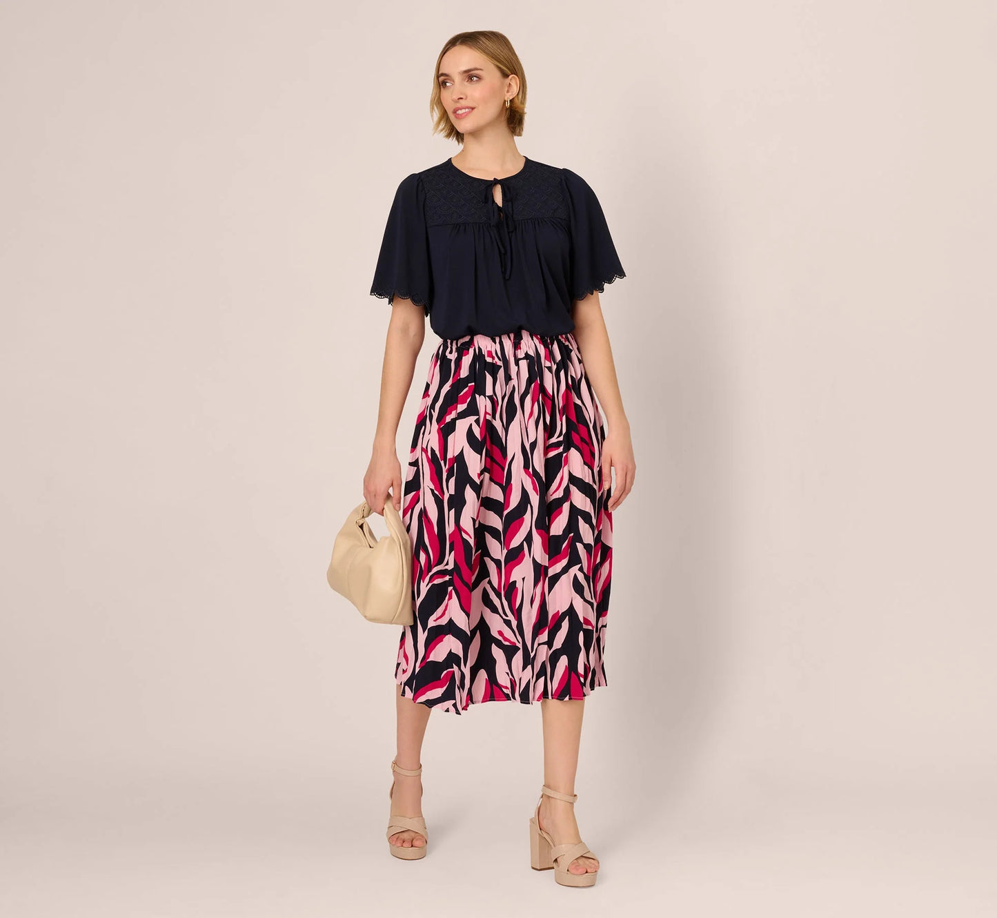 Short Sleeve Neck Tie Embroidered Yoke Top In Blue Moon