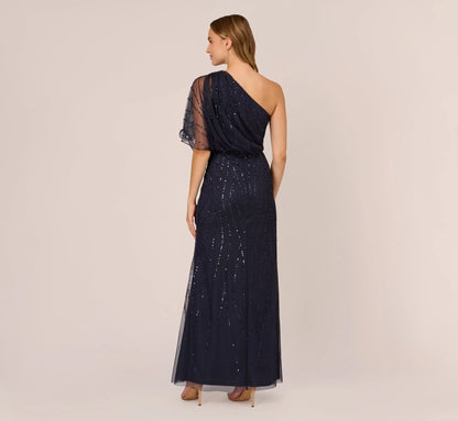 Draped One Shoulder Dress With Sequin Detail In Dusty Navy