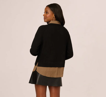 Long Sleeve Collared Printed Twover Sweater In Black W  Mocha Petite Stripe