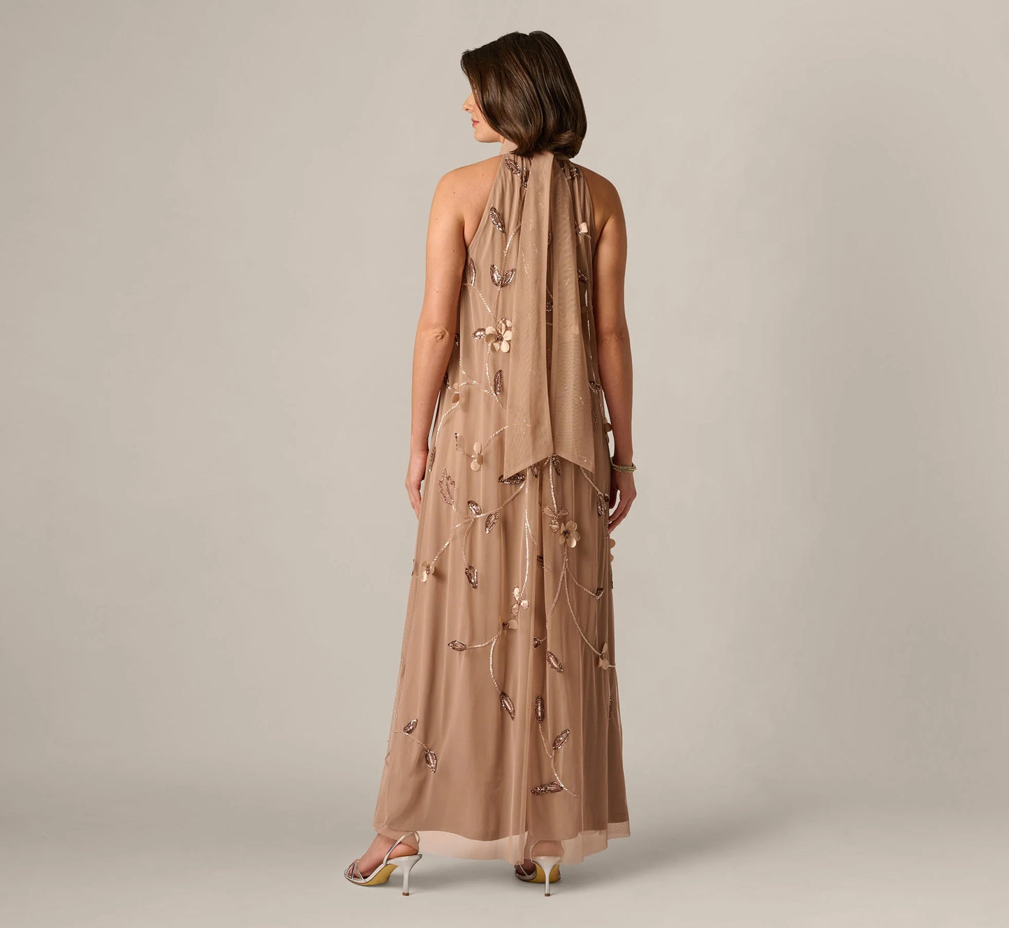 3D Floral Sequin Bead Trapeze Gown In Cafe Mocha