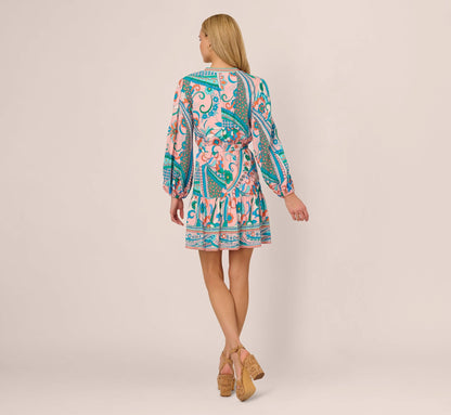 Long Sleeve Retro Printed A Line Dress In Peach Multi