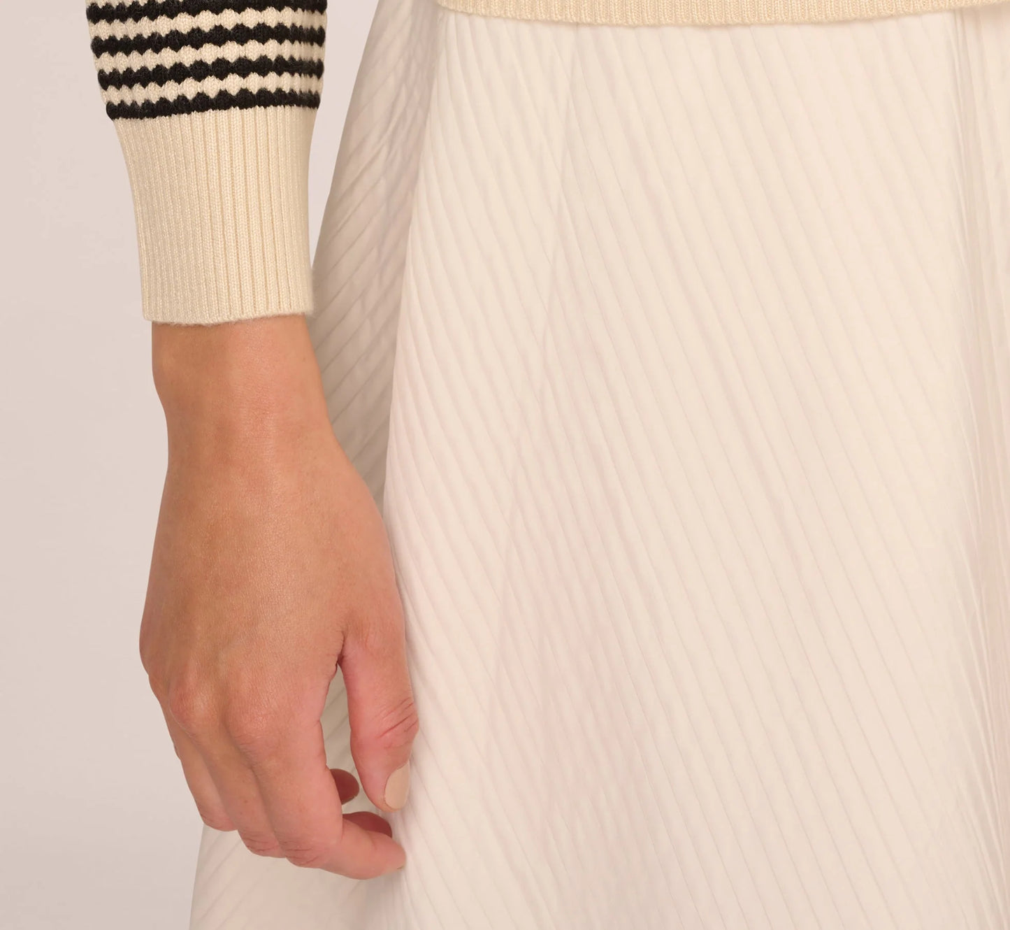 Crew Neck Button Front Striped Pointelle Cardigan Sweater In Cream Black