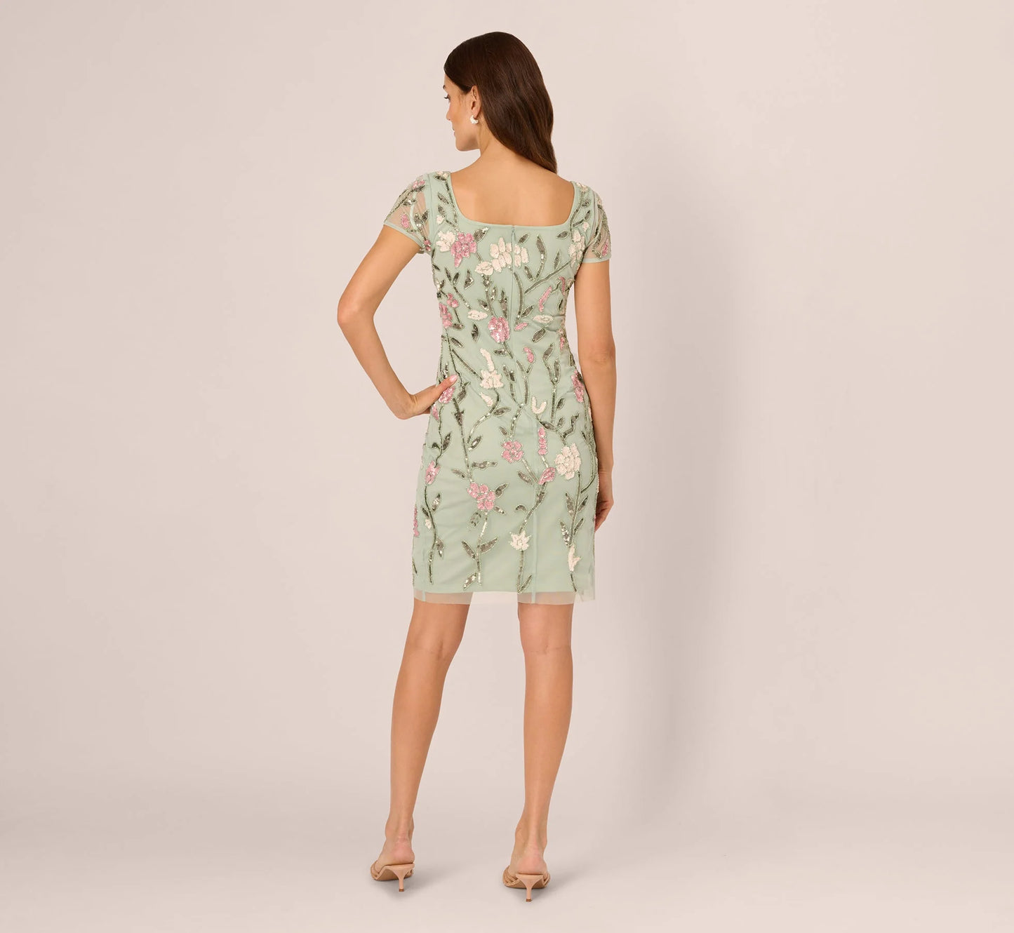 Short Sleeve Floral Beaded Square Neck Cocktail Dress In Icy Sage