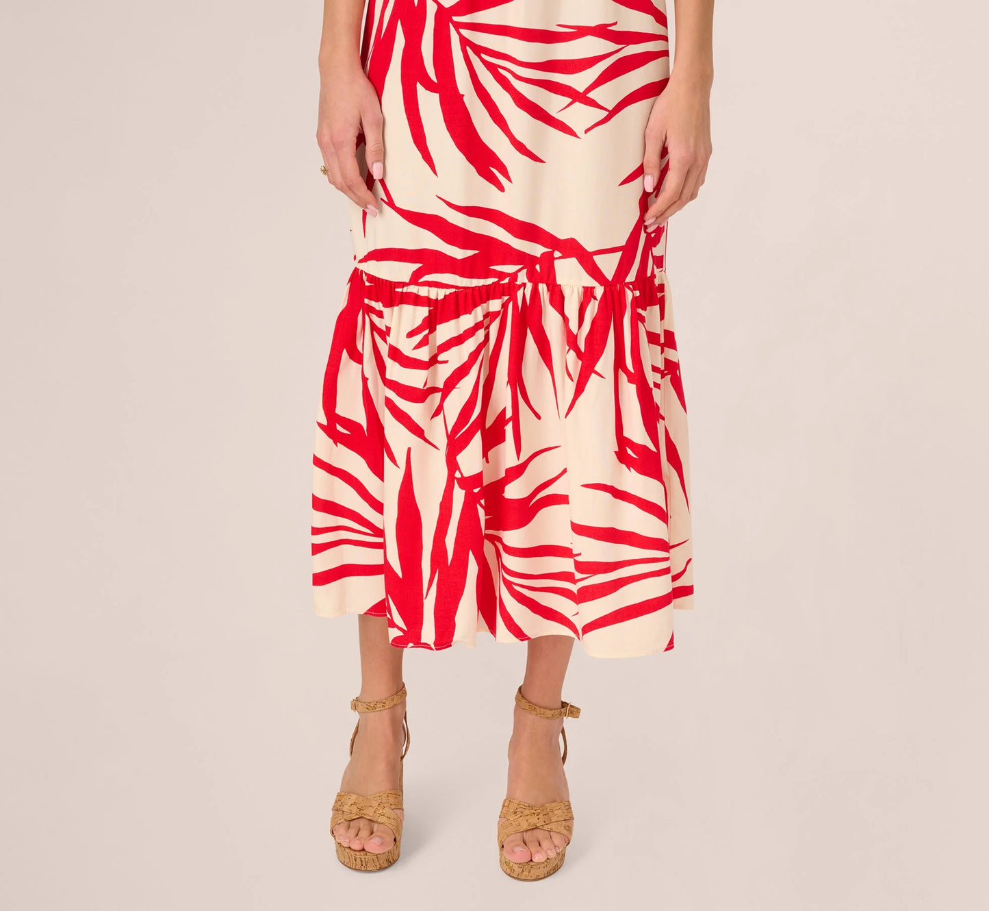 Beaded Strap Palm Leaf Flounce Sundress In Red Ivory