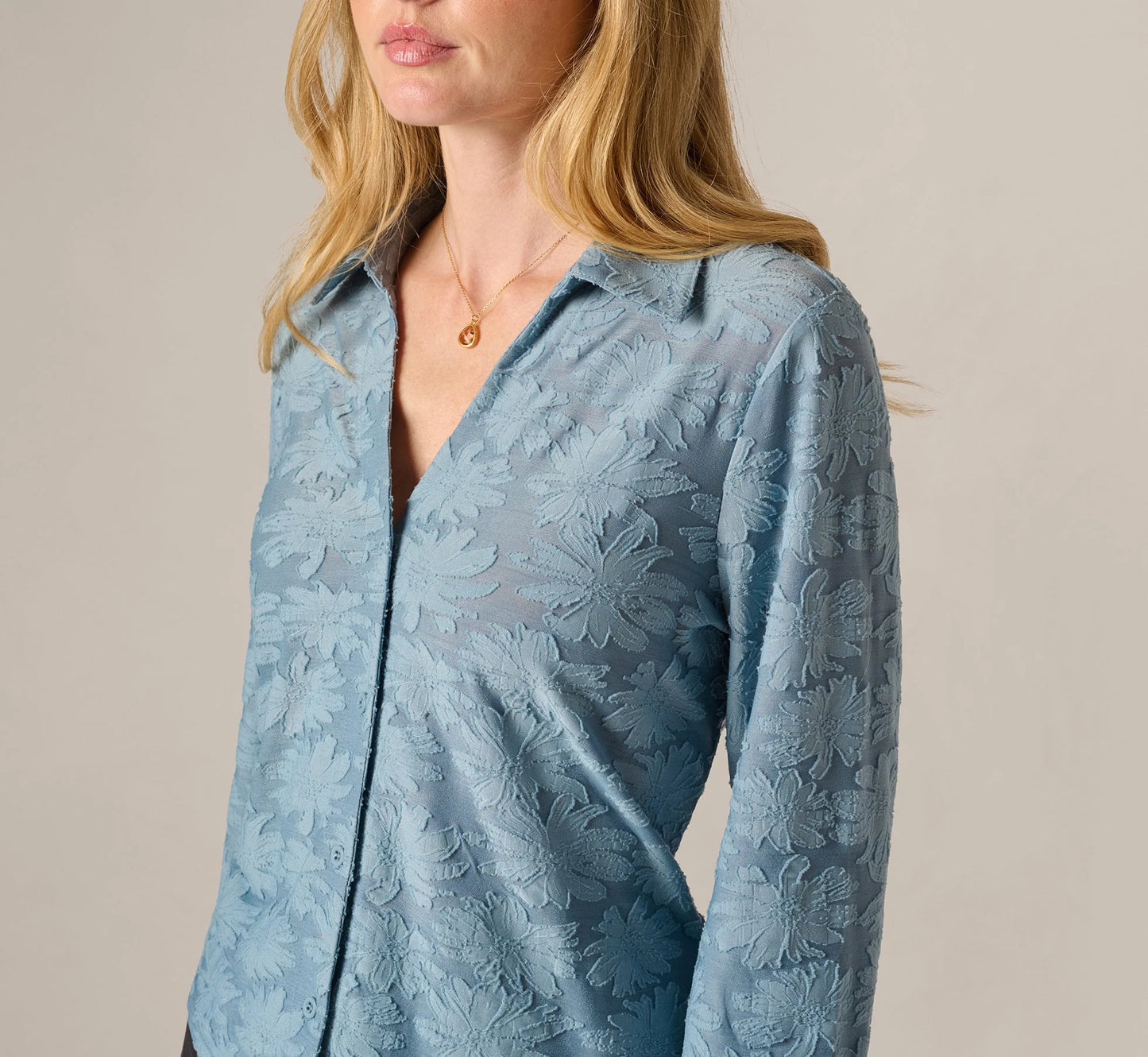 Long Sleeve Semisheer Burnout Floral Blouse In Stone Blue
