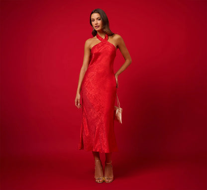 Foil Woven Halter Midi Dress In Red