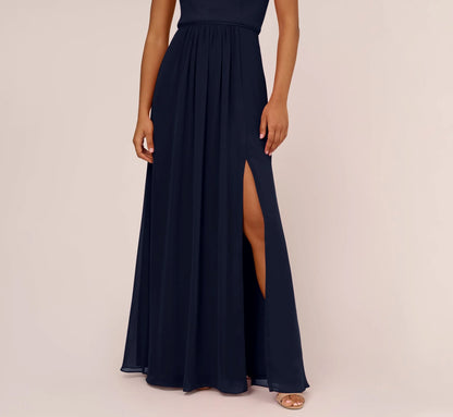One Shoulder Chiffon Long Gown In Midnight