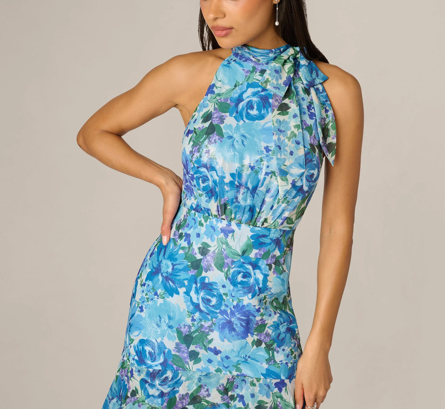 Tiered Metallic Floral Chiffon Halter Gown In Blue Multi