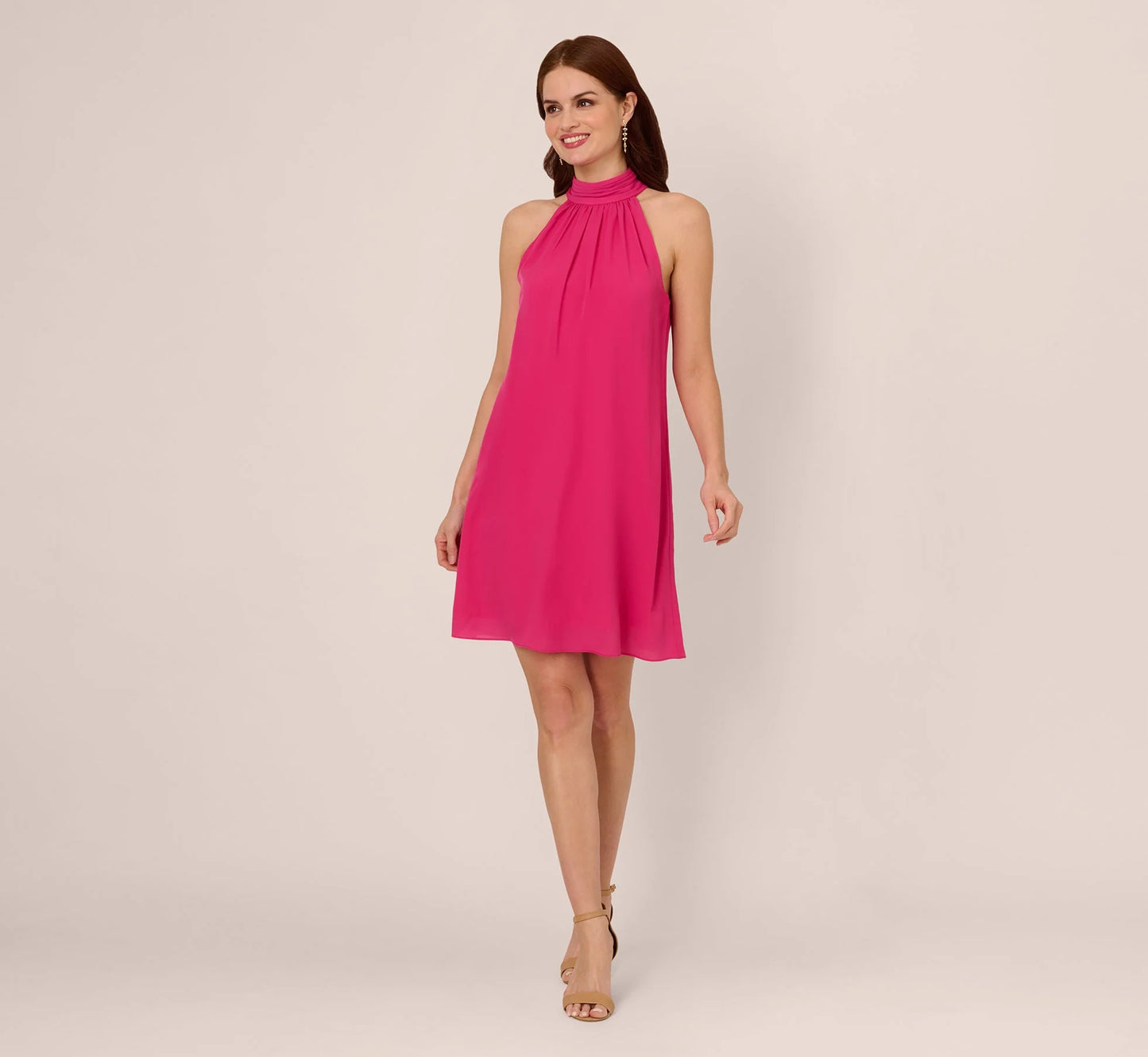 Chiffon Halter Trapeze Dress In Hot Pink