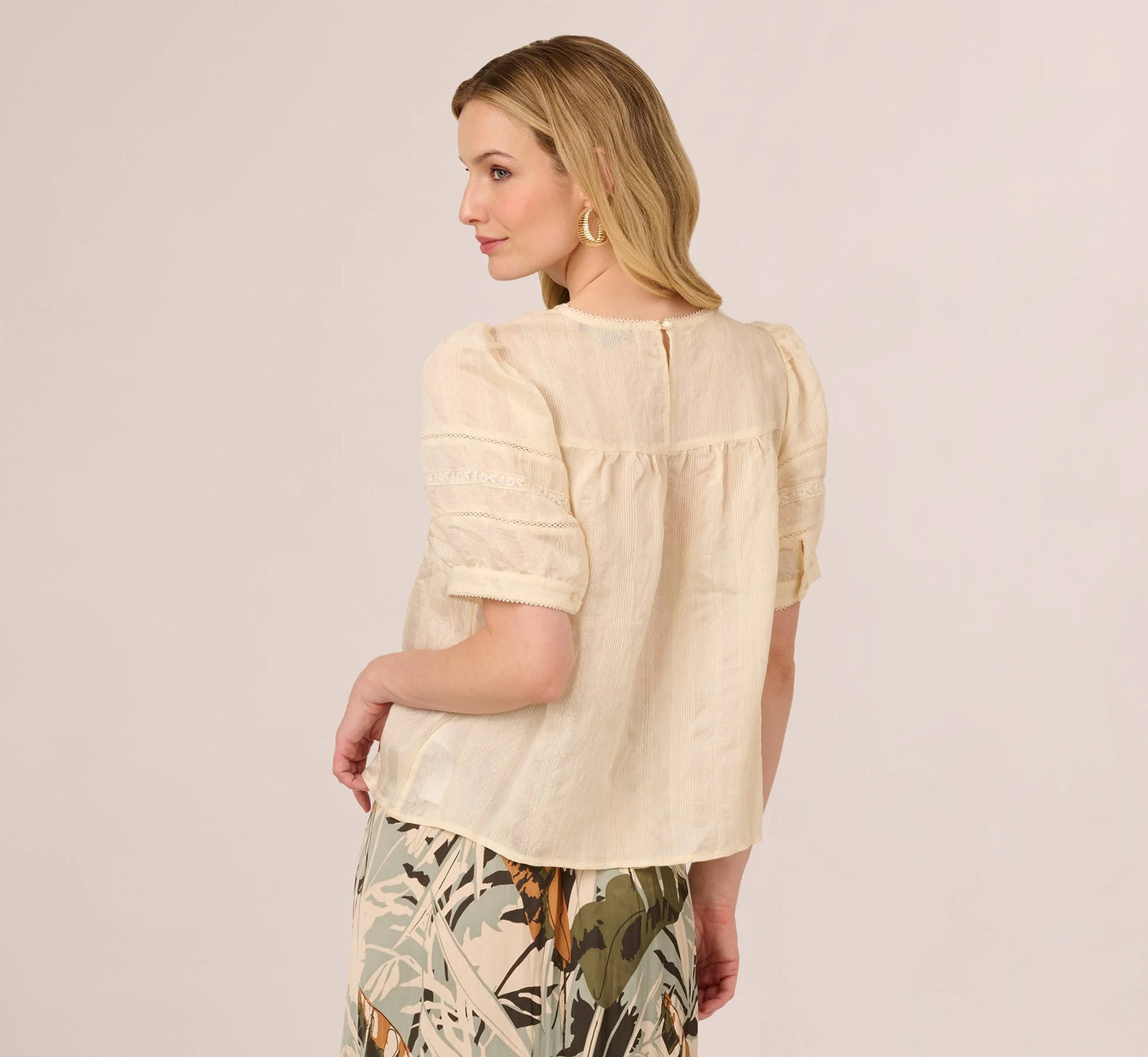 Puff Sleeve Lace Yoke Top In Barely Beige