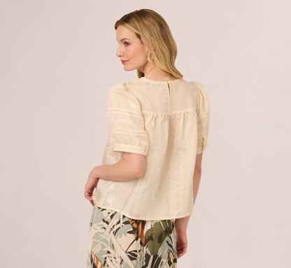 Puff Sleeve Lace Yoke Top In Barely Beige