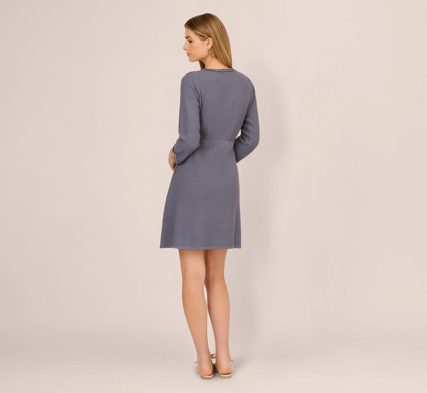 Three Quarter Sleeve Waffle Knit Short Dress In Dusty Blue