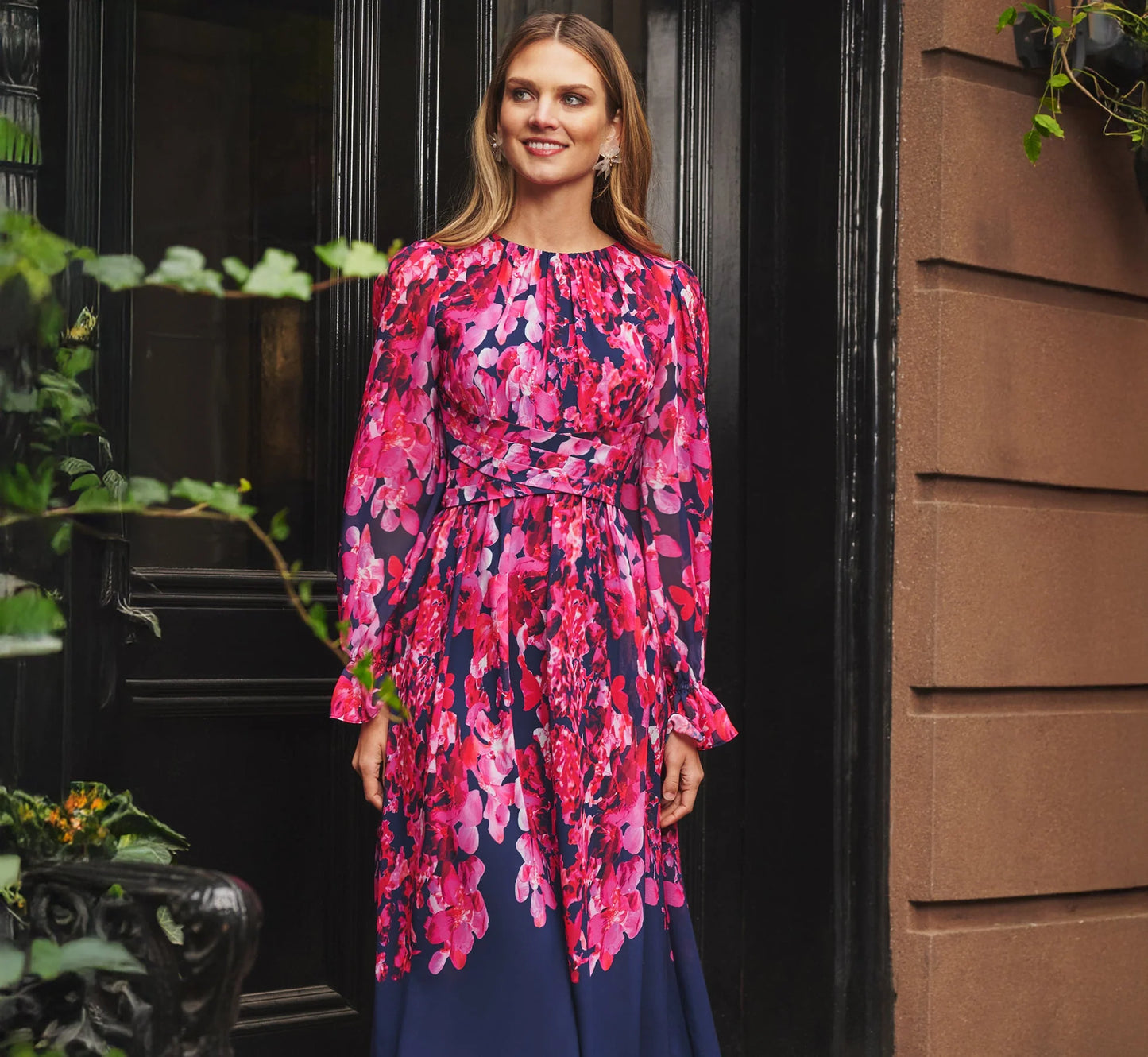 Floral Wrap Waist Ankle Dress In Navy Pink Multi
