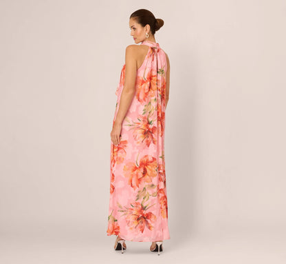 Floral Chiffon Trapeze Halter Gown In Pink Multi