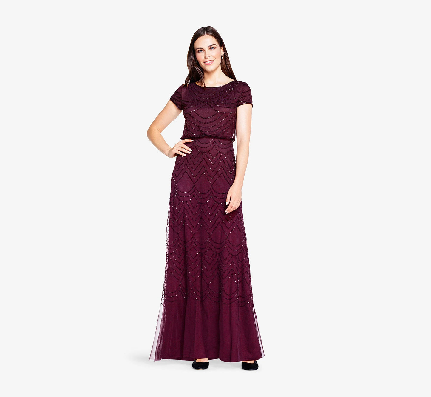 Short Sleeve Beaded Blouson Gown In Cassis