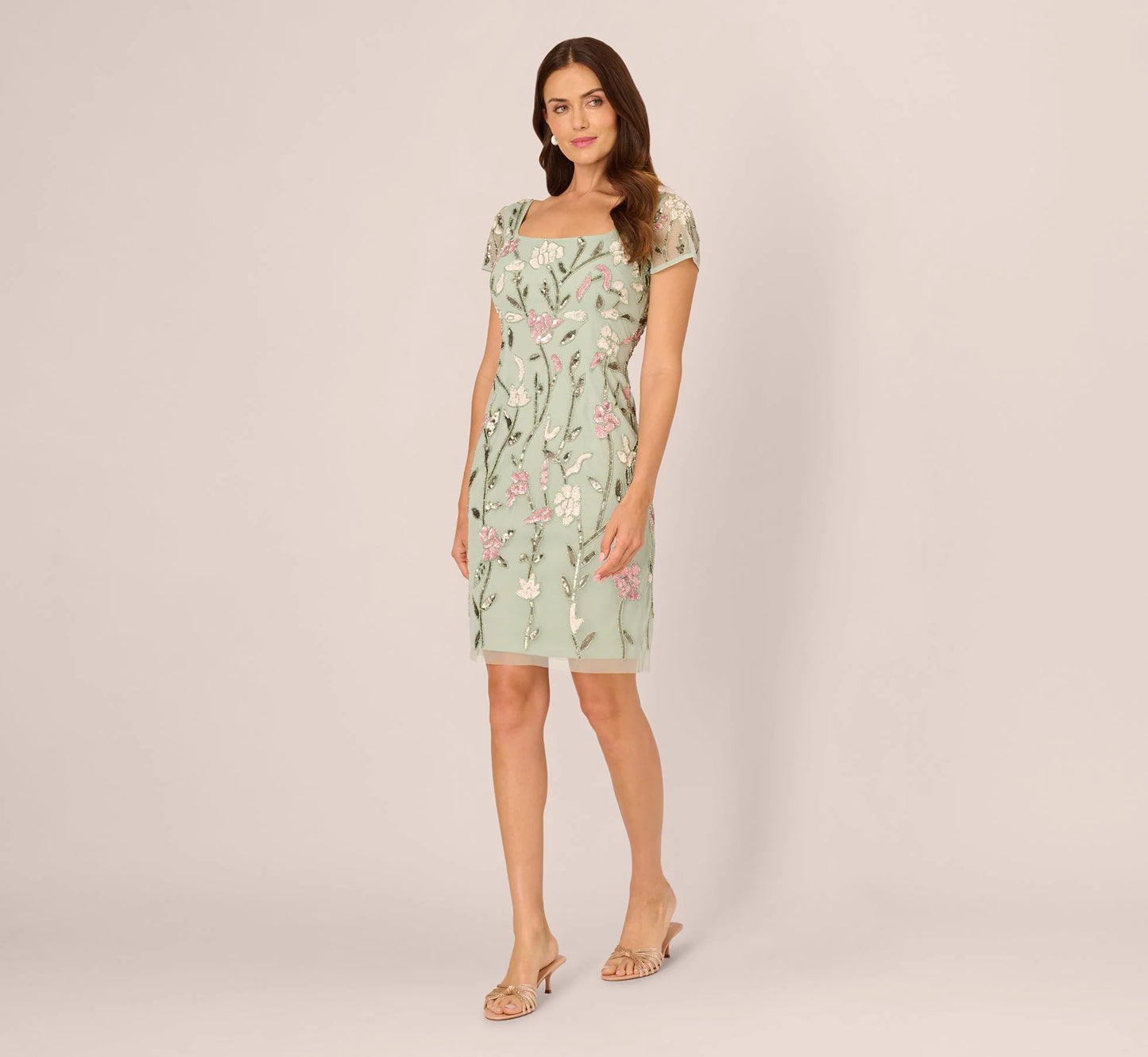 Short Sleeve Floral Beaded Square Neck Cocktail Dress In Icy Sage