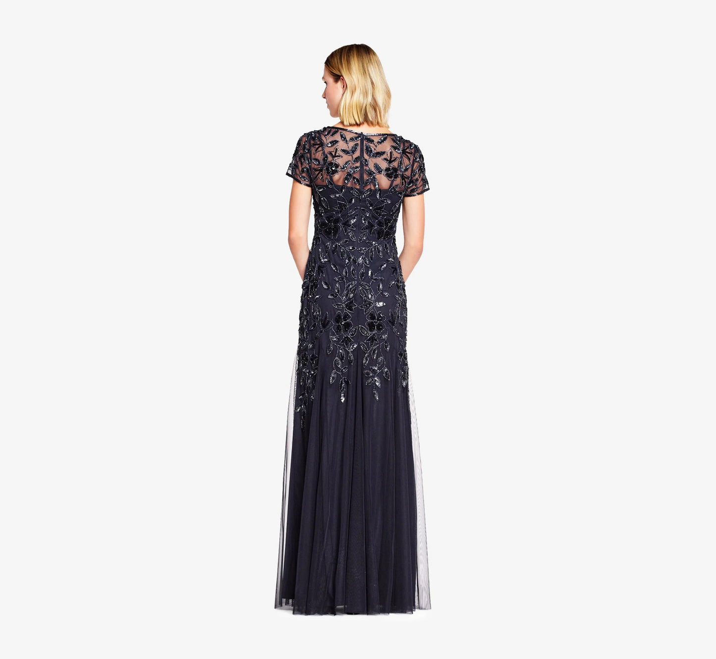 Hand Beaded Short Sleeve Floral Godet Gown In Twilight
