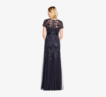 Hand Beaded Short Sleeve Floral Godet Gown In Twilight