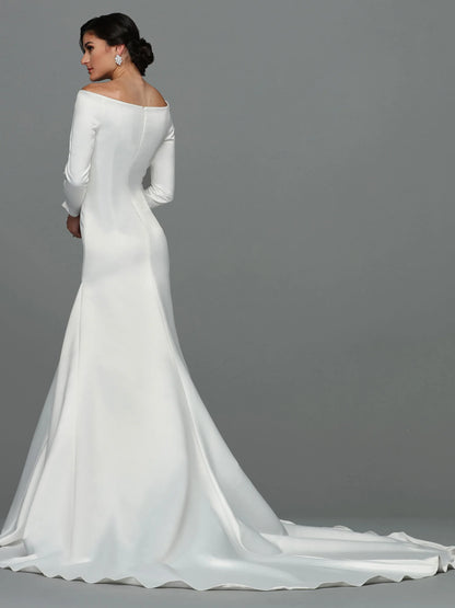 SATIN FIT AND FLARE WEDDING DRESS WITH LONG SLEEVES