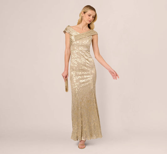 Off Shoulder Foil Leaf Mermaid Gown In Champagne Gold