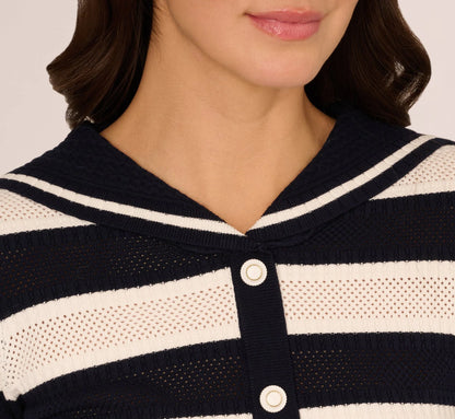 Striped Open Knit Sailor Collar Cardigan In Blue Moon Ivory