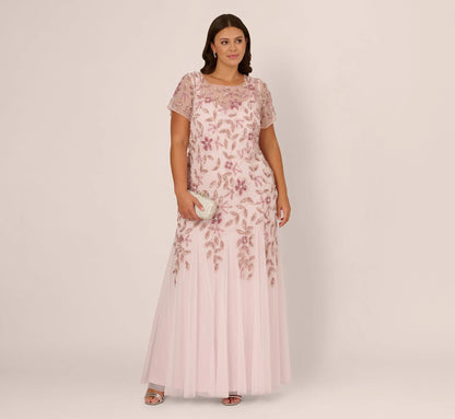 Plus Size Hand Beaded Short Sleeve Floral Godet Gown In Blush Pink