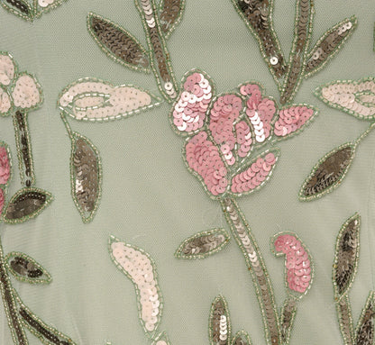 Short Sleeve Floral Beaded Square Neck Cocktail Dress In Icy Sage