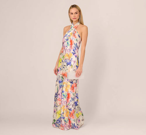 Bias Cut Floral Satin Halter Gown In Ivory Multi