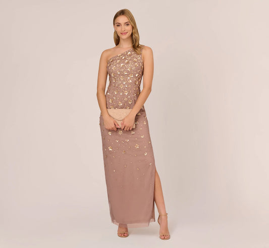 3D Floral Hand-Beaded One-Shoulder Long Column Gown In Stone