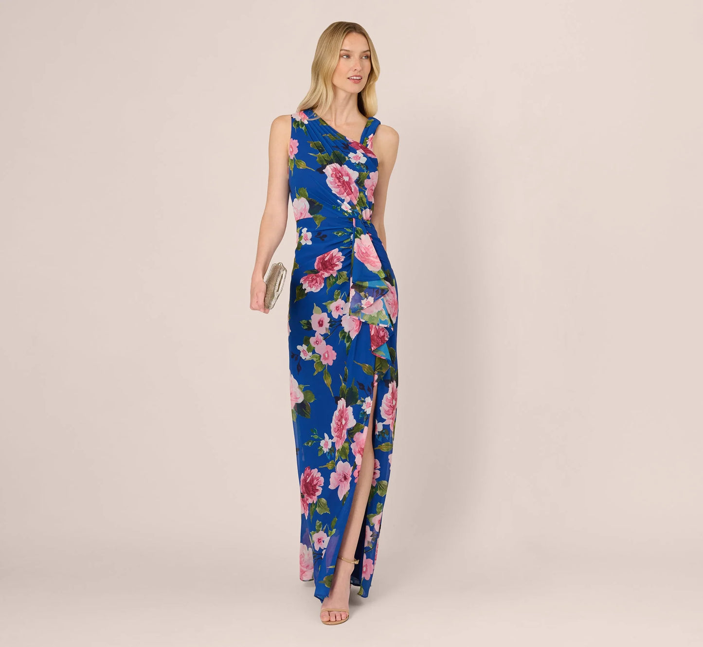 Asymmetrical Draped Floral Chiffon Gown In Dark Blue Multi