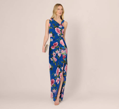 Asymmetrical Draped Floral Chiffon Gown In Dark Blue Multi