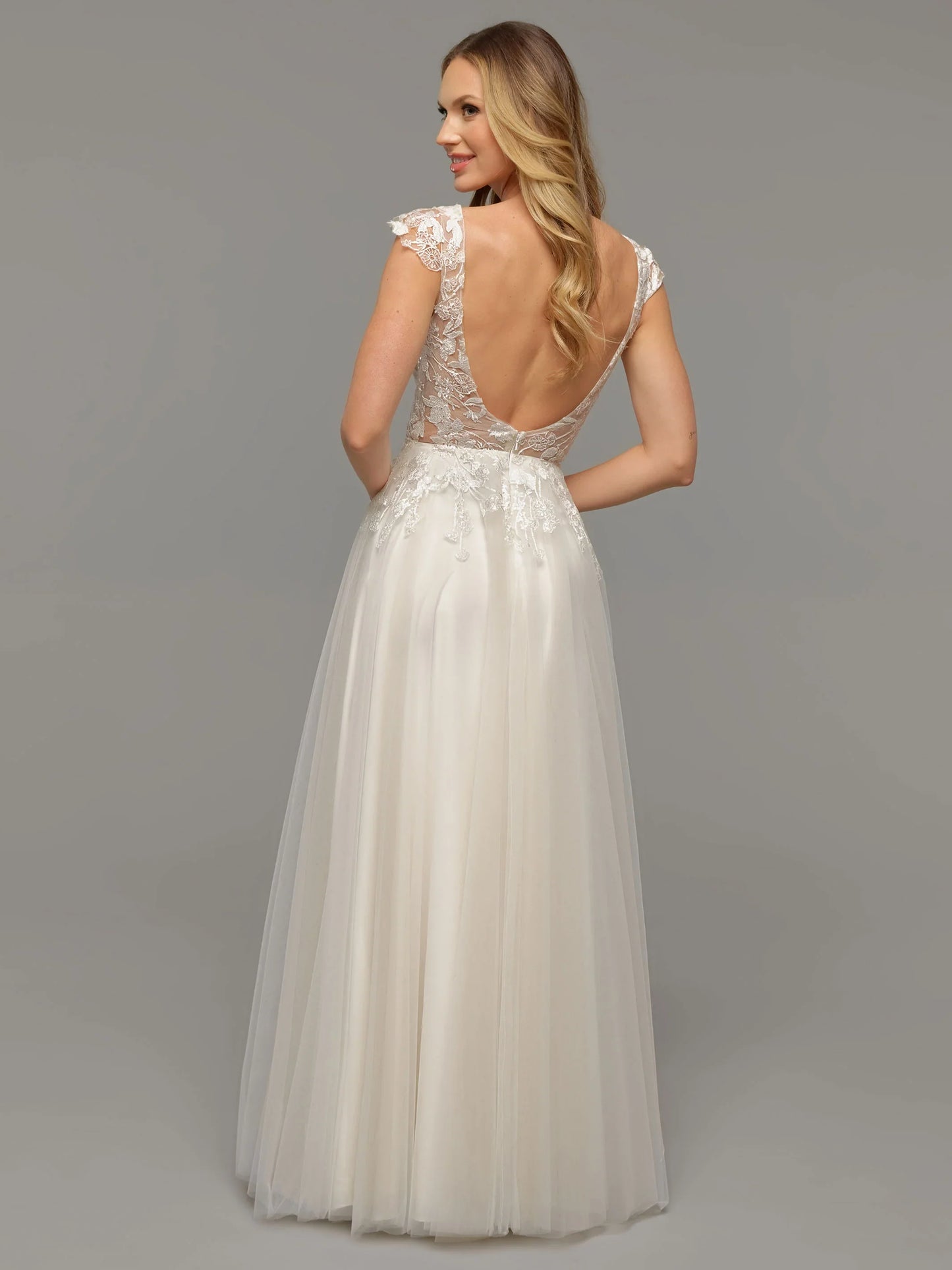 A LINE TULLE CAP SLEEVE WEDDING DRESS WITH LACE
