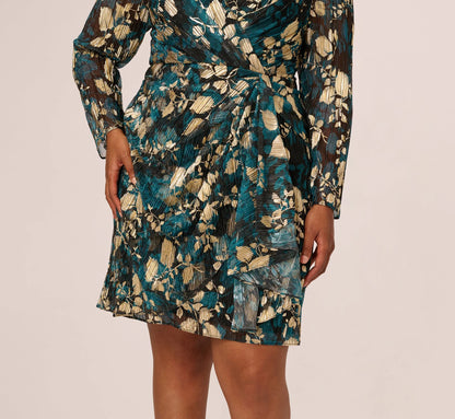 Plus Size Crinkle Foil Wrap Dress In Teal Sapphire Gold