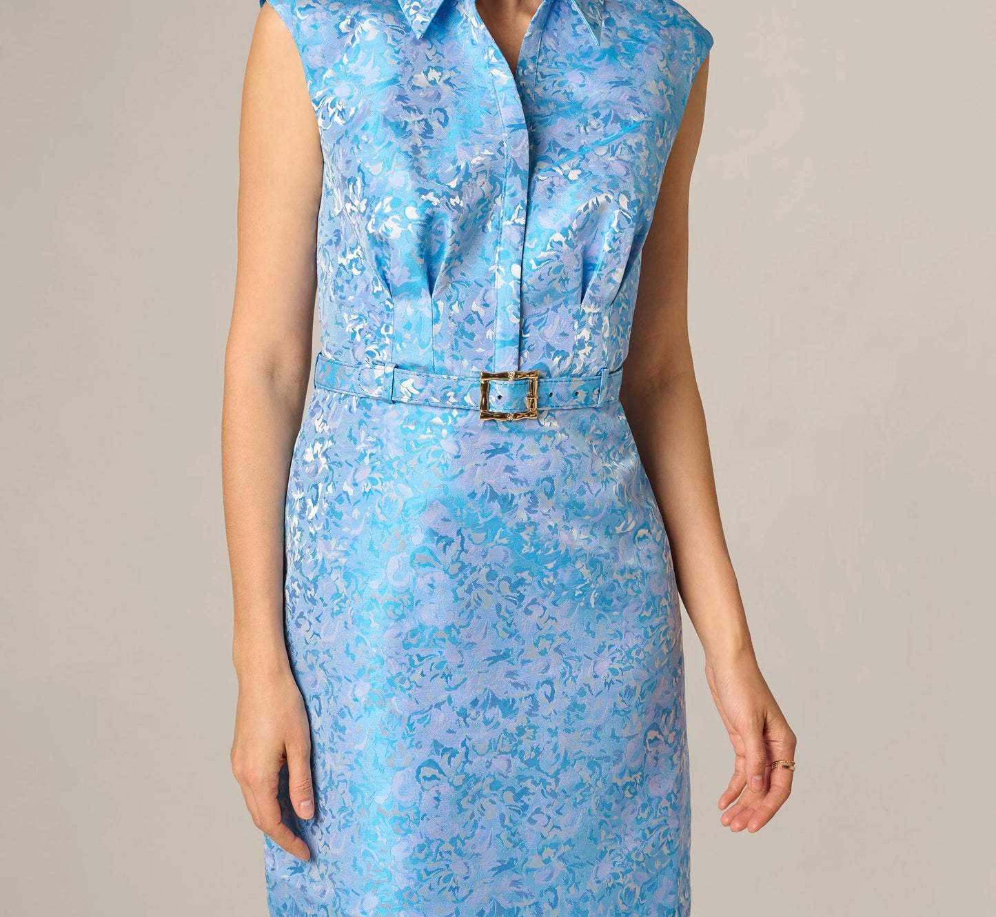 Floral Jacquard Collared Sheath Dress In Blue Multi
