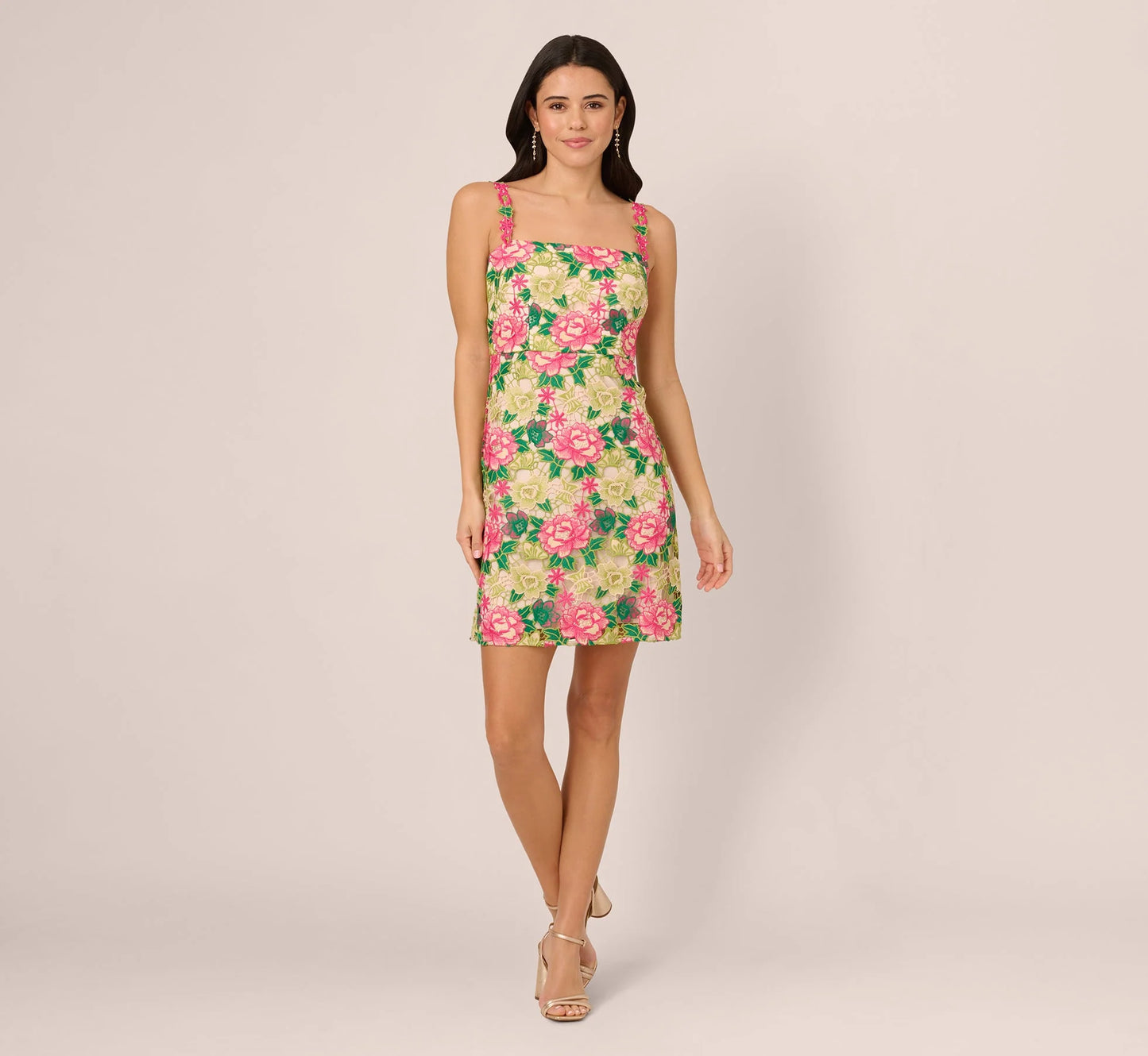 Sleeveless Floral Embroidery Short Sheath Dress In Pink Green Multi