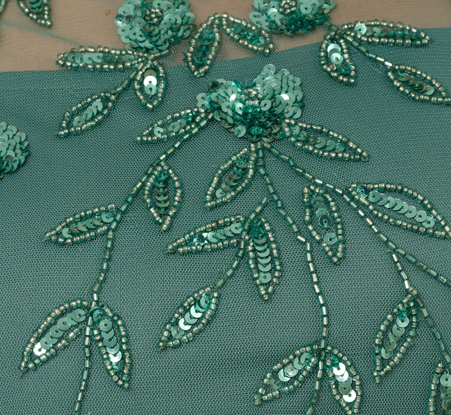3D Floral Beaded Dress With Sheer Short Sleeves In Green Slate
