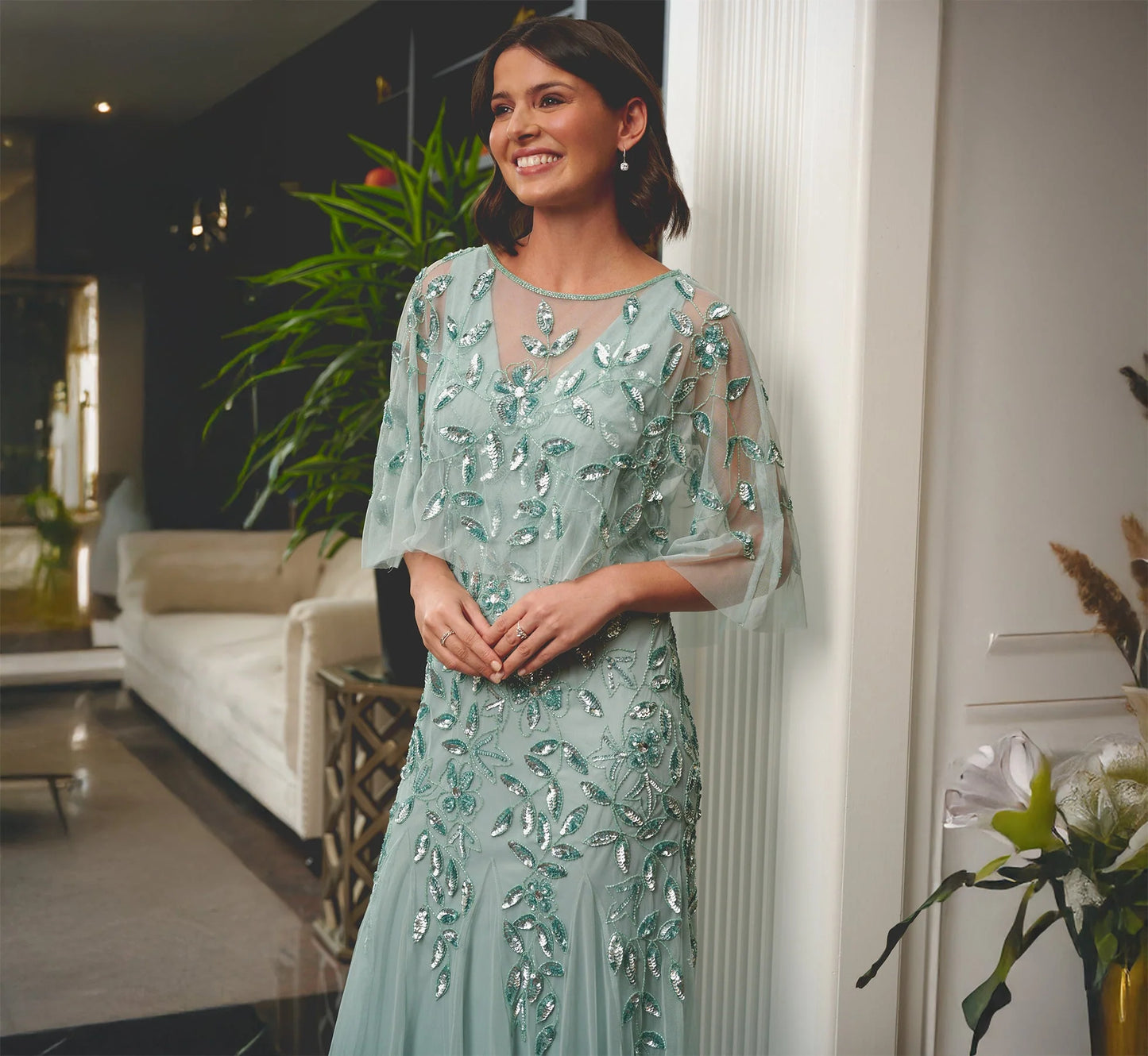 Floral Beaded Godet Cape Gown In Aqua Dust