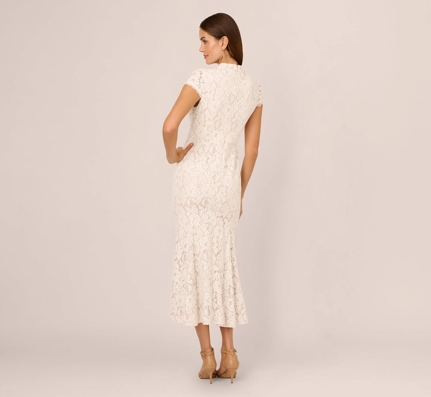 Cap Sleeve Lace Midi Dress In Ivory Nude
