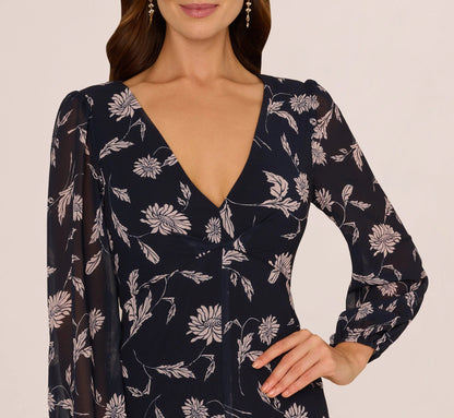 Long Sleeve Floral Chiffon Maxi Dress In Navy Blush
