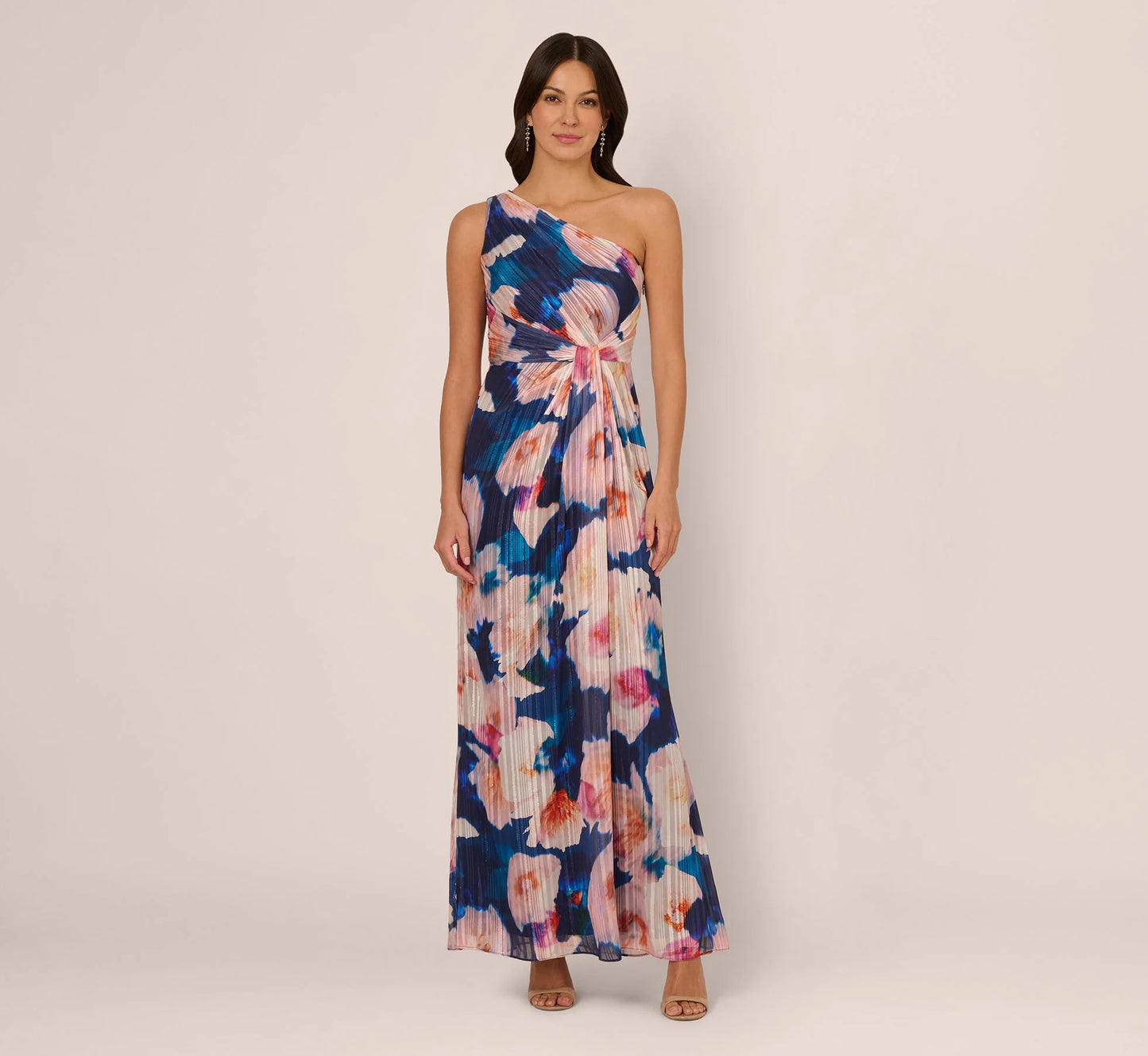 Floral Print Chiffon Gown With One Shoulder Neckline In Navy Blush