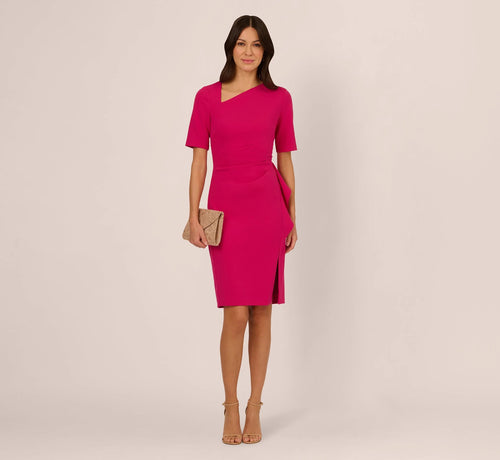 Draped Ruffle Crepe Dress With Short Sleeves In Brilliant Rose