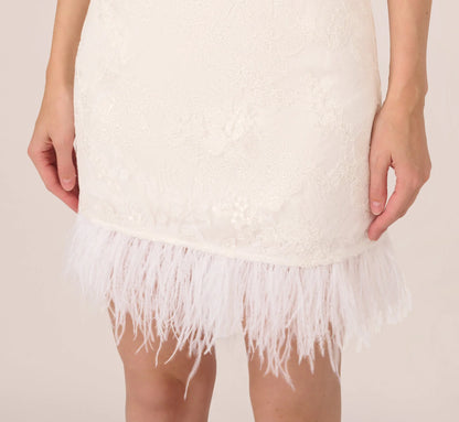 Sleeveless Floral Lace Dress With Feather Trim In Ivory