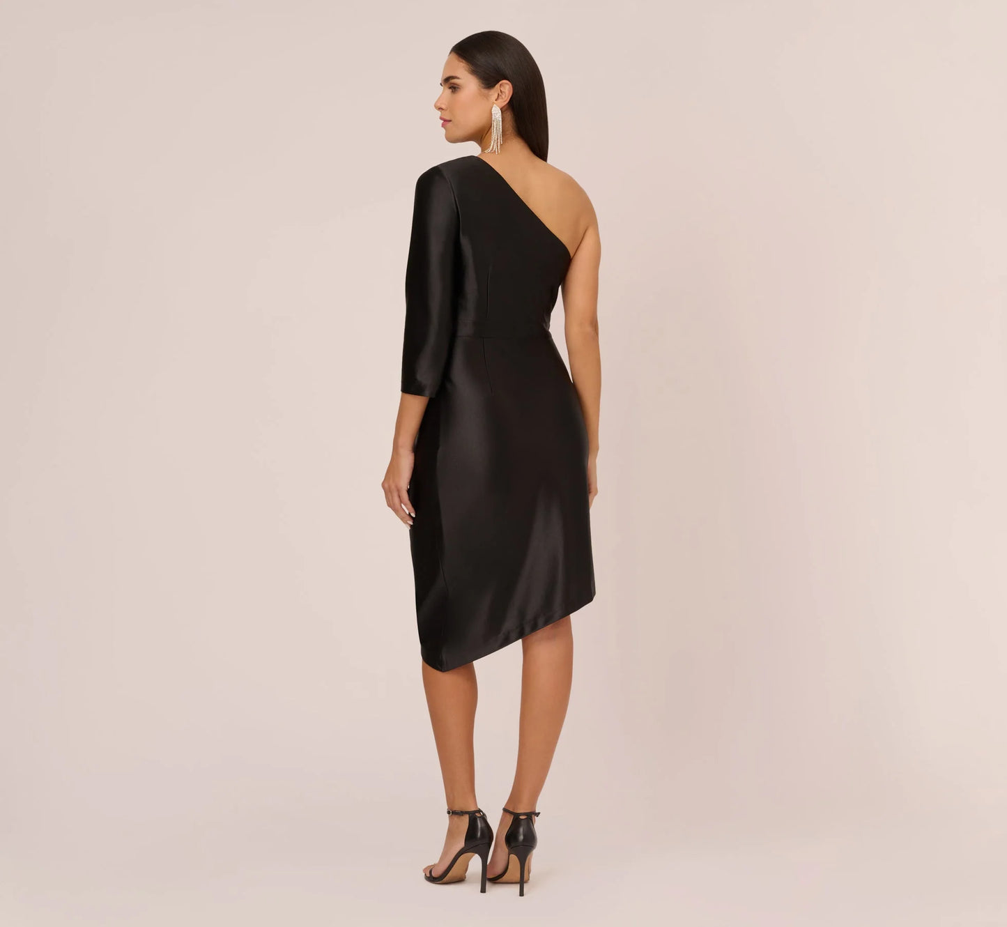 One Shoulder Satin Midi Dress With Three-Quarter Sleeve In Black
