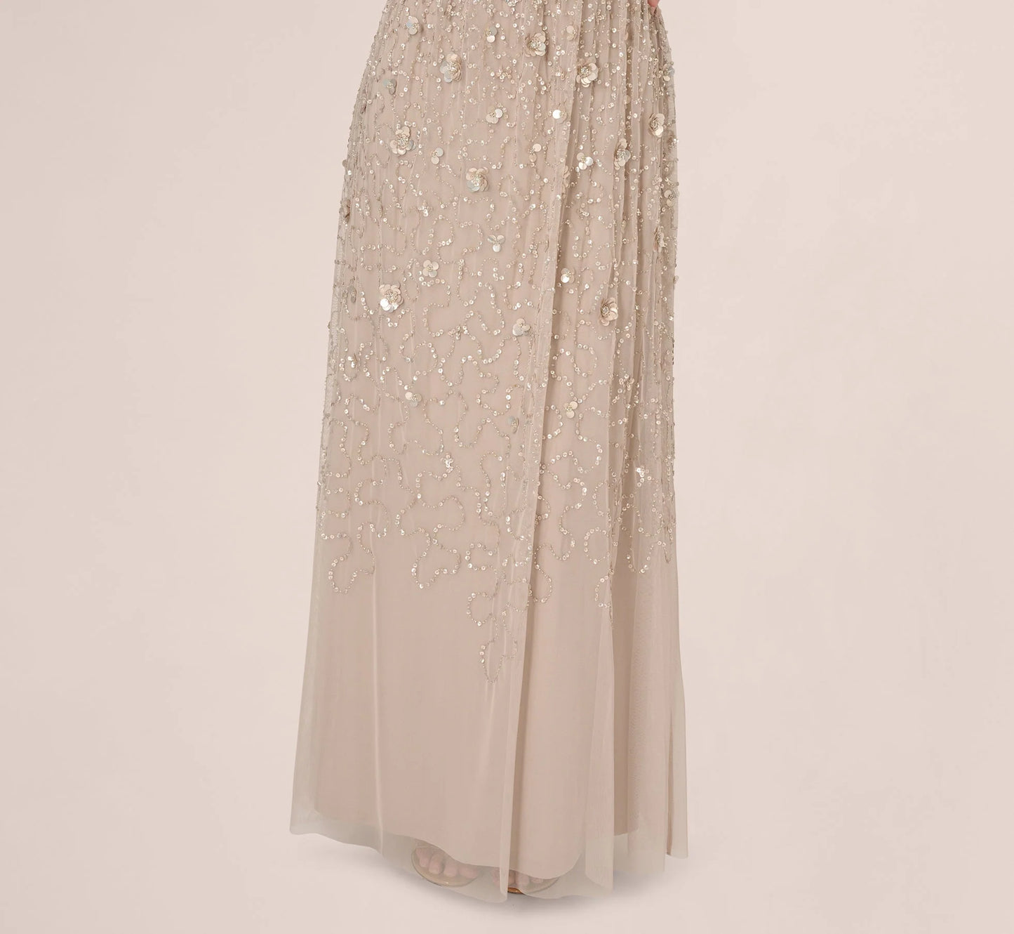 Cap Sleeve Beaded Sequin Floral Gown In Marble