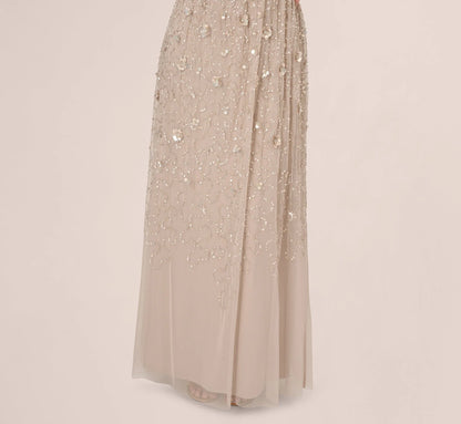 Cap Sleeve Beaded Sequin Floral Gown In Marble