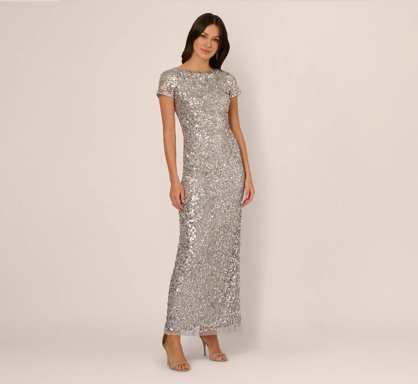 Short Sleeve Bead And Sequin Gown In Silver Mist