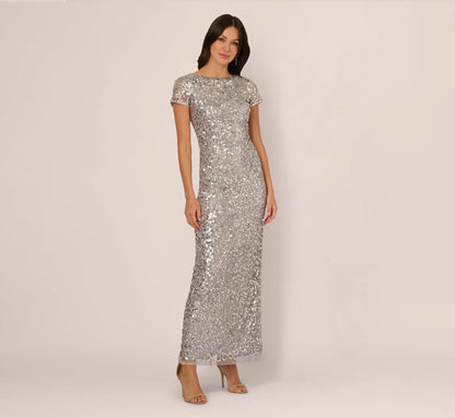 Short Sleeve Bead And Sequin Gown In Silver Mist