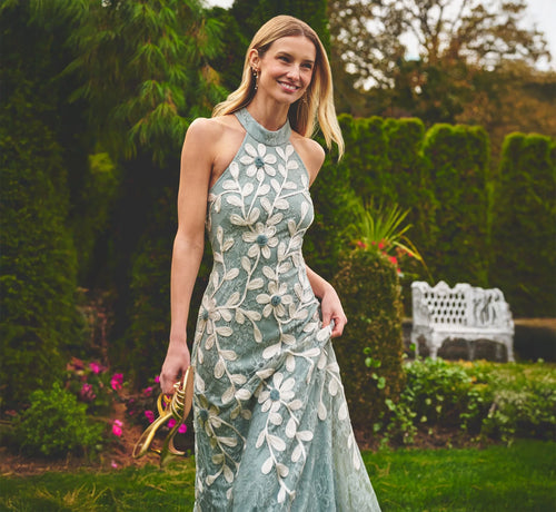 Lace Soutache Embroidery Halter Gown In Sage Ivory