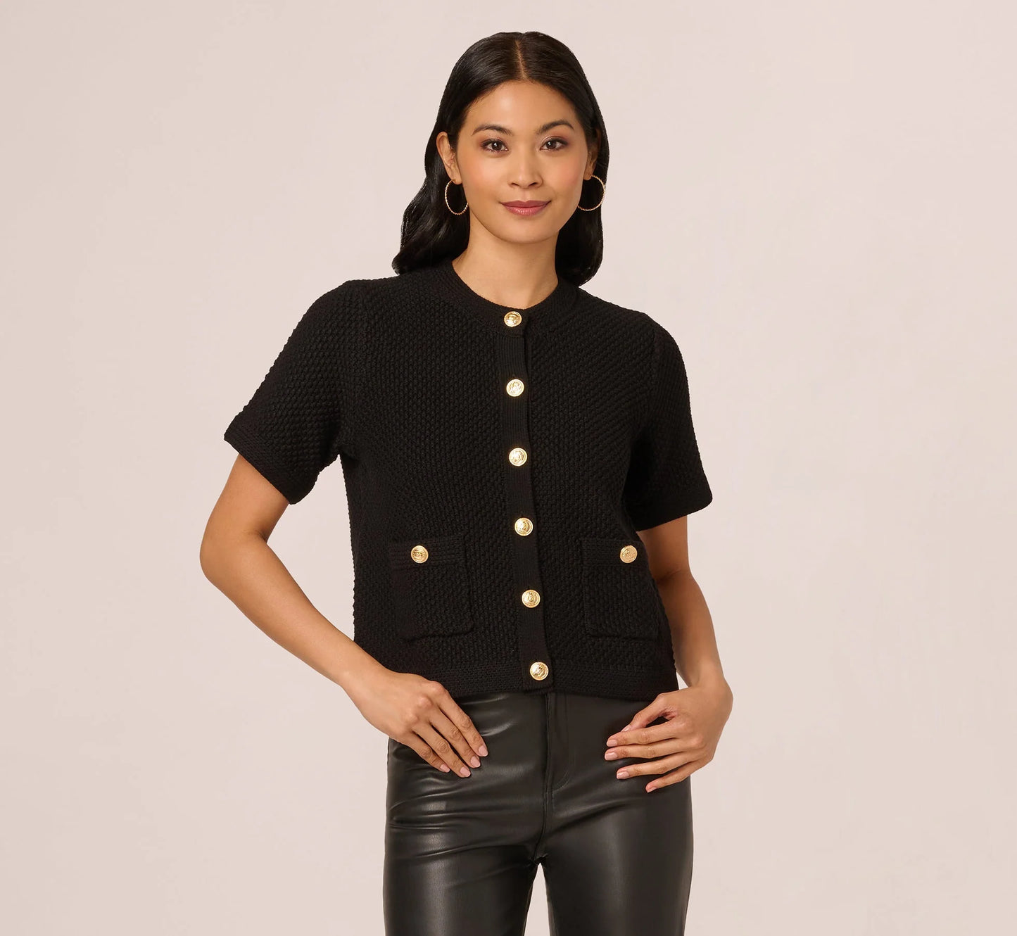 Short Sleeve Textured Cardigan Sweater In Black